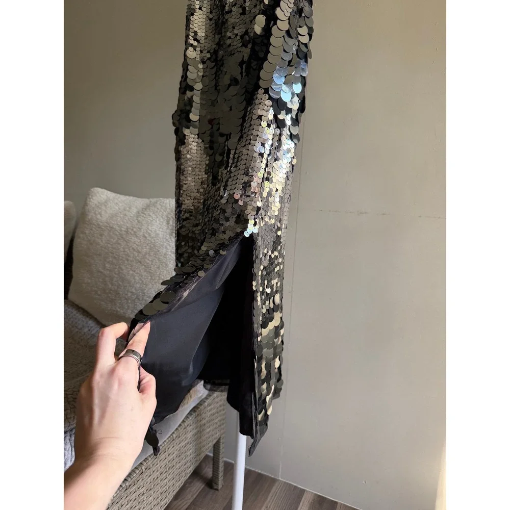 $290 NWT Avec Les Filles Sequin Midi Dress Silver Black Adjustable Straps Slit